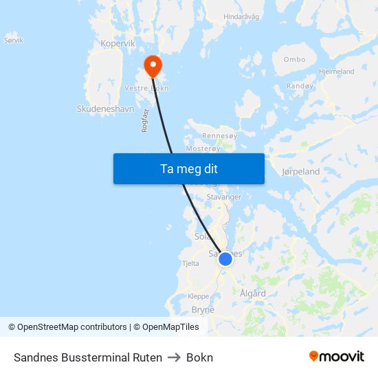 Sandnes Bussterminal Ruten to Bokn map
