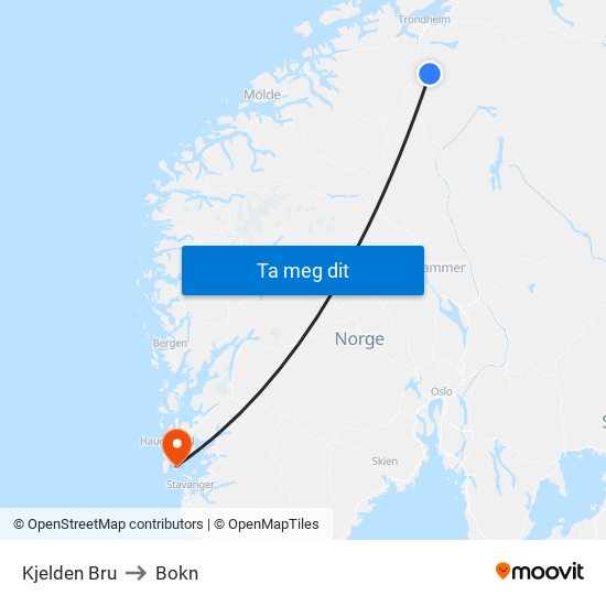 Kjelden Bru to Bokn map