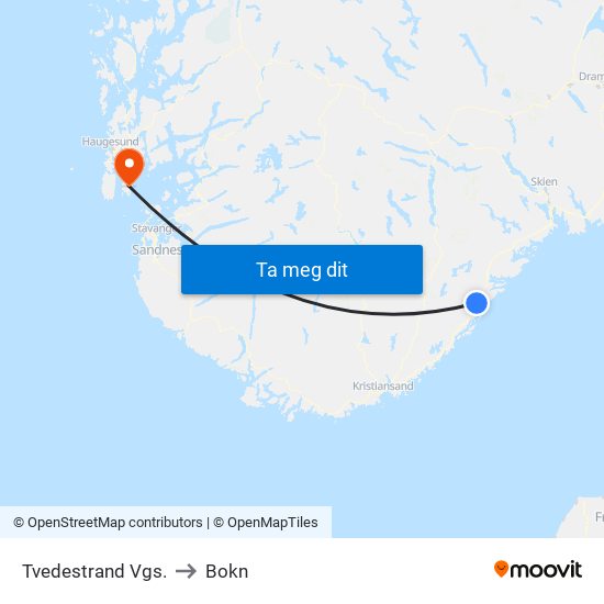 Tvedestrand Vgs. to Bokn map