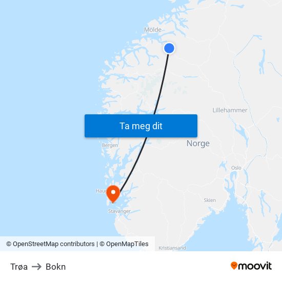 Trøa to Bokn map