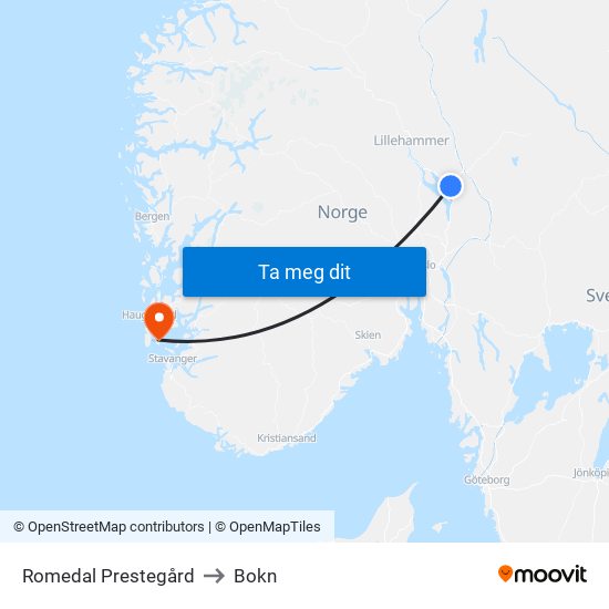 Romedal Prestegård to Bokn map
