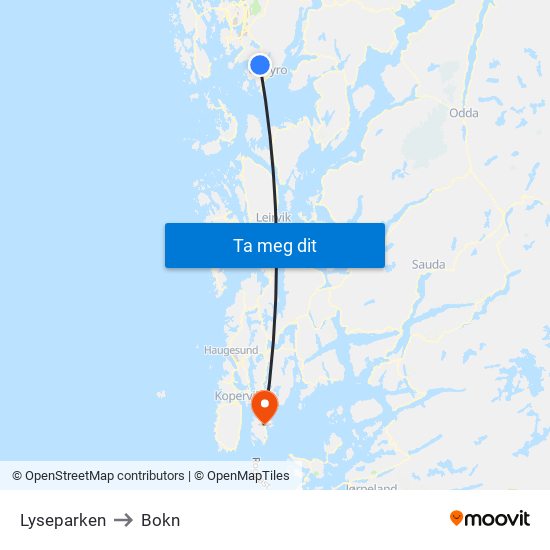 Lyseparken to Bokn map