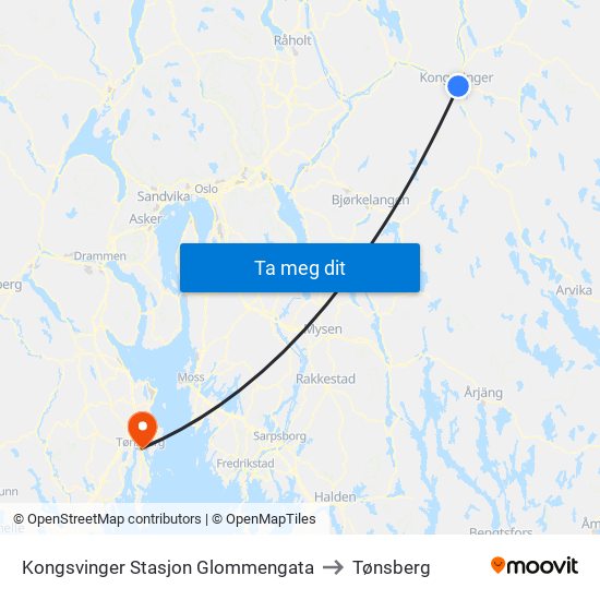 Kongsvinger Stasjon Glommengata to Tønsberg map