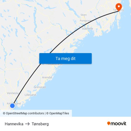 Hannevika to Tønsberg map