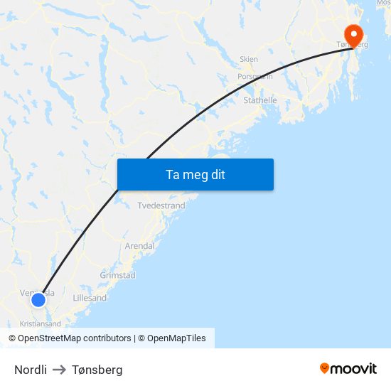 Nordli to Tønsberg map