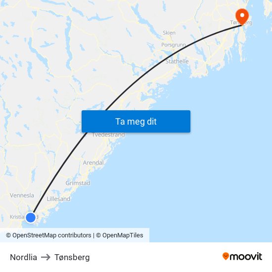 Nordlia to Tønsberg map