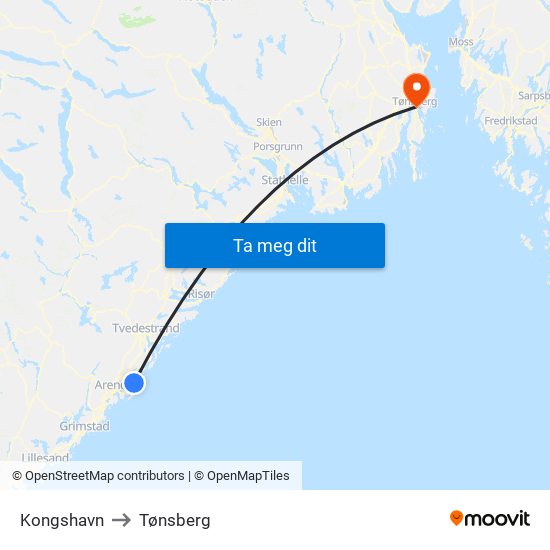 Kongshavn to Tønsberg map