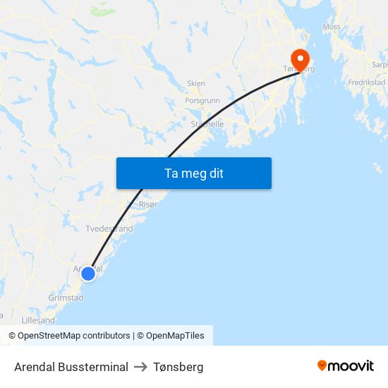 Arendal Bussterminal to Tønsberg map