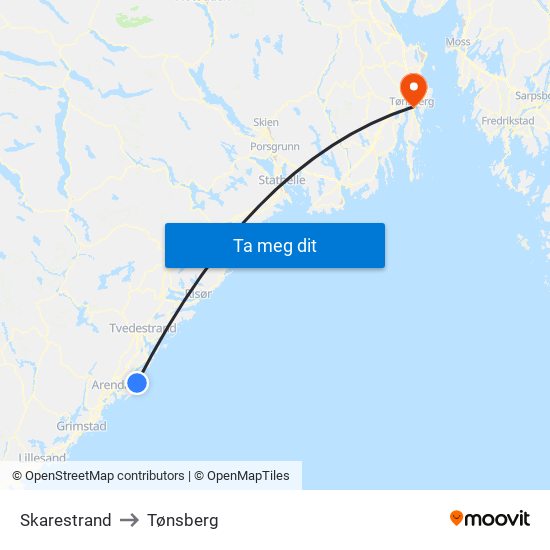 Skarestrand to Tønsberg map