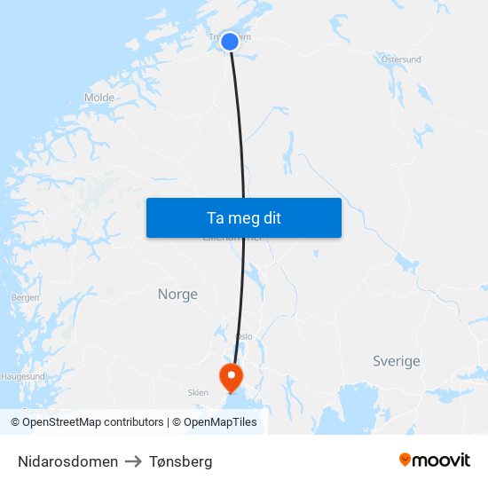 Nidarosdomen to Tønsberg map