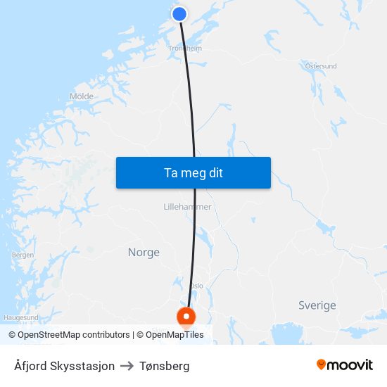 Åfjord Skysstasjon to Tønsberg map