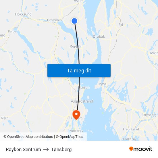 Røyken Sentrum to Tønsberg map