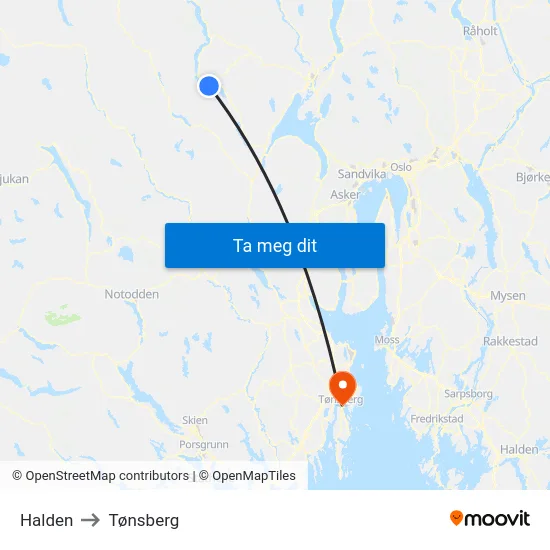 Halden to Tønsberg map