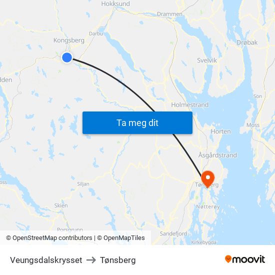 Veungsdalskrysset to Tønsberg map