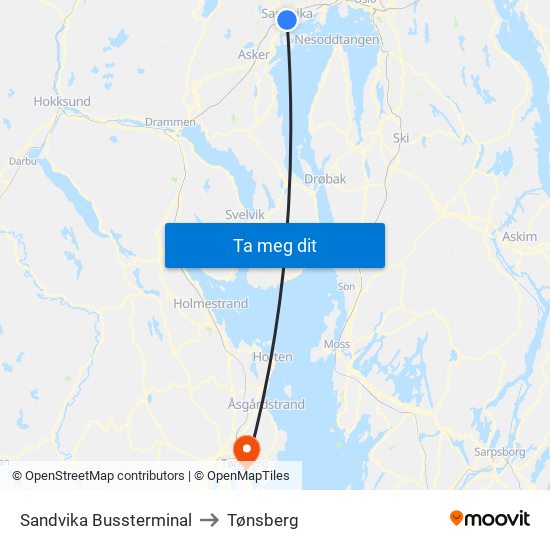 Sandvika Bussterminal to Tønsberg map