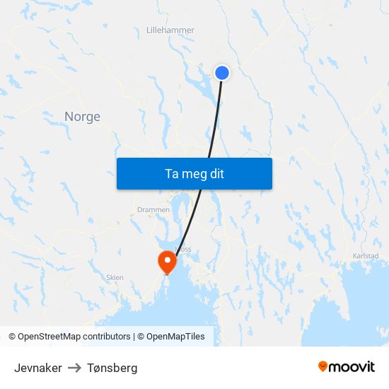 Jevnaker to Tønsberg map