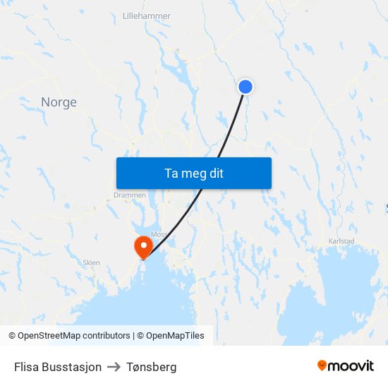 Flisa Busstasjon to Tønsberg map