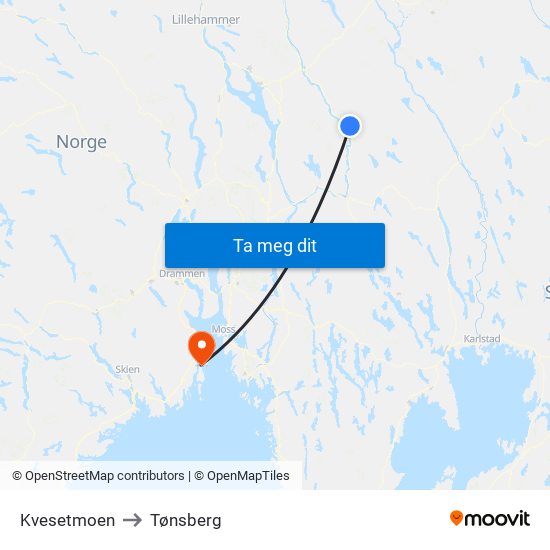Kvesetmoen to Tønsberg map