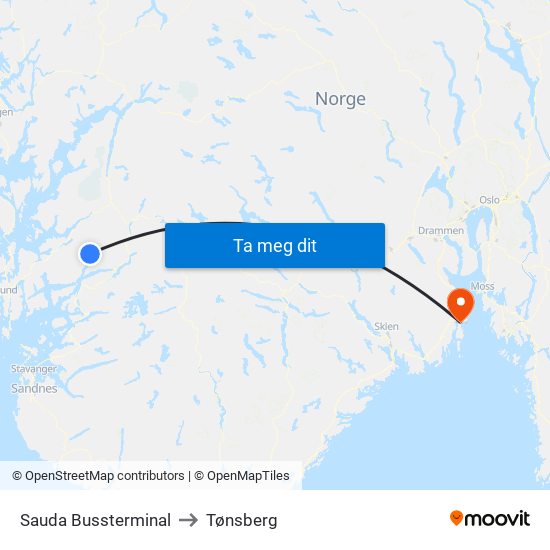 Sauda Bussterminal to Tønsberg map