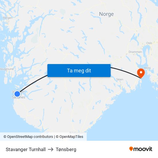 Stavanger Turnhall to Tønsberg map
