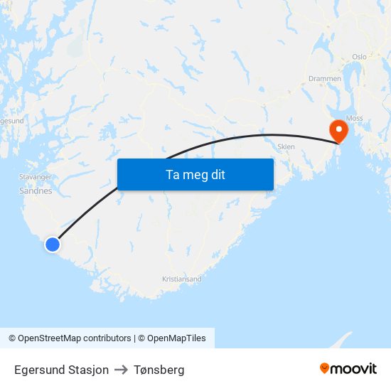 Egersund Stasjon to Tønsberg map
