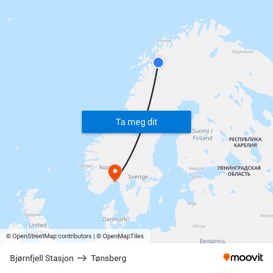 Bjørnfjell Stasjon to Tønsberg map