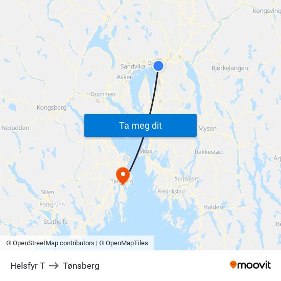 Helsfyr T to Tønsberg map