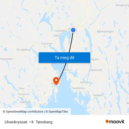 Ulvenkrysset to Tønsberg map