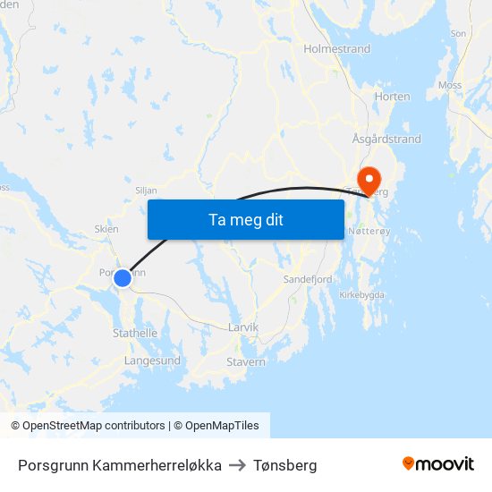 Porsgrunn Kammerherreløkka to Tønsberg map