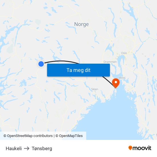 Haukeli to Tønsberg map
