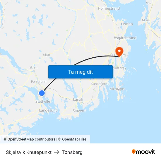 Skjelsvik Knutepunkt to Tønsberg map