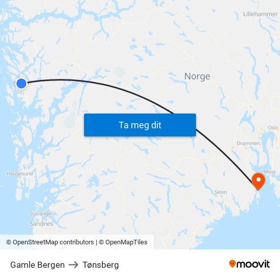 Gamle Bergen to Tønsberg map