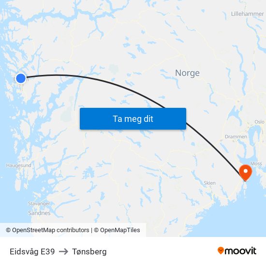 Eidsvåg E39 to Tønsberg map