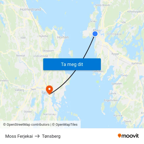 Moss Ferjekai to Tønsberg map