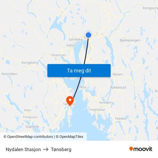 Nydalen Stasjon to Tønsberg map