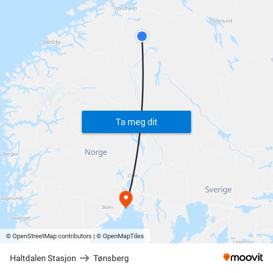 Haltdalen Stasjon to Tønsberg map