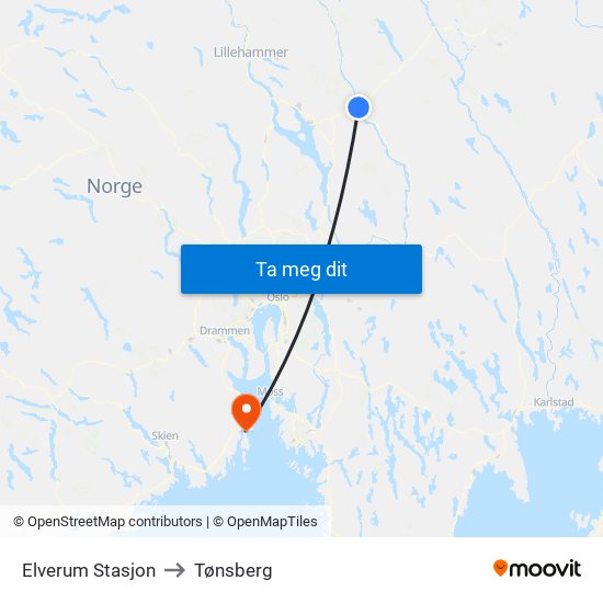 Elverum Stasjon to Tønsberg map