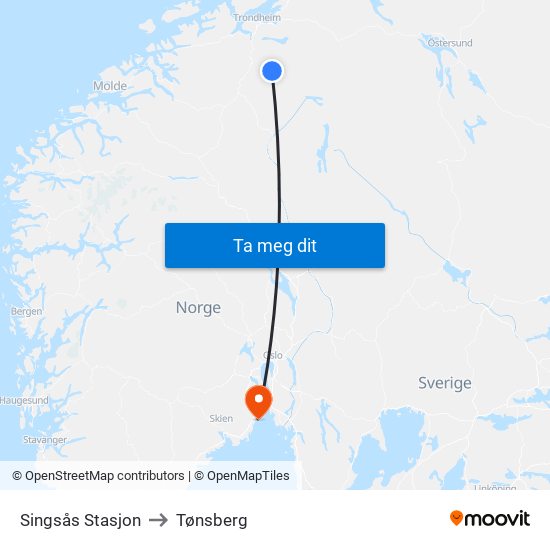 Singsås Stasjon to Tønsberg map