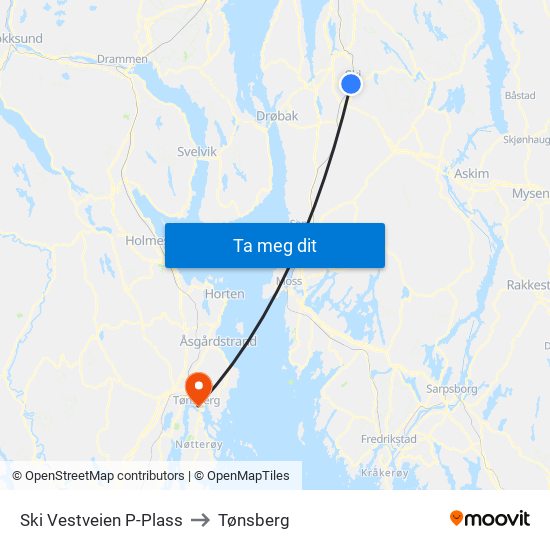 Ski Vestveien P-Plass to Tønsberg map