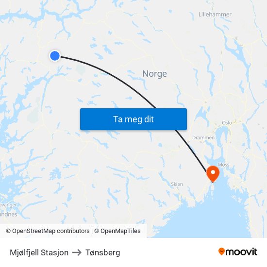 Mjølfjell Stasjon to Tønsberg map