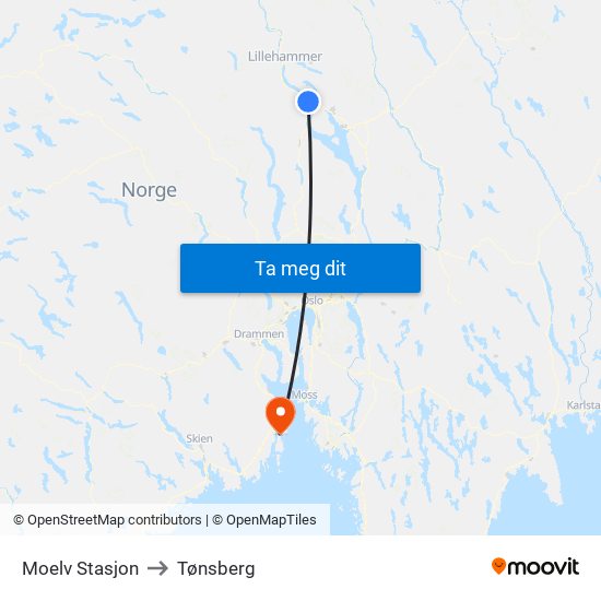 Moelv Stasjon to Tønsberg map