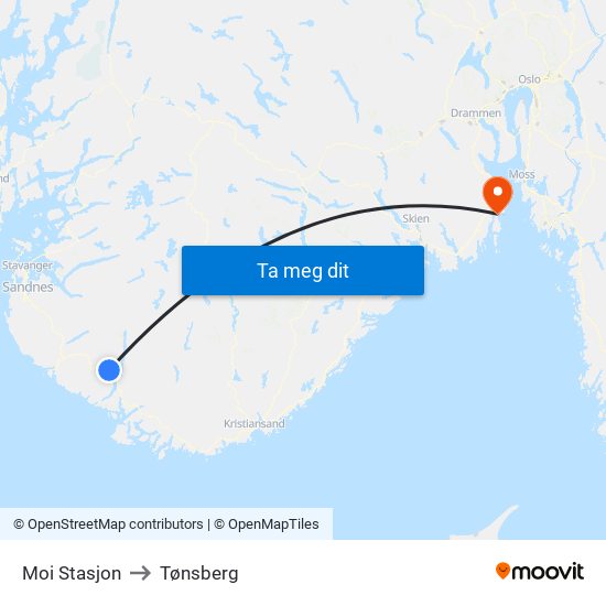 Moi Stasjon to Tønsberg map