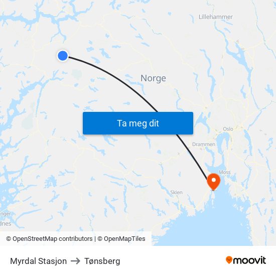 Myrdal Stasjon to Tønsberg map
