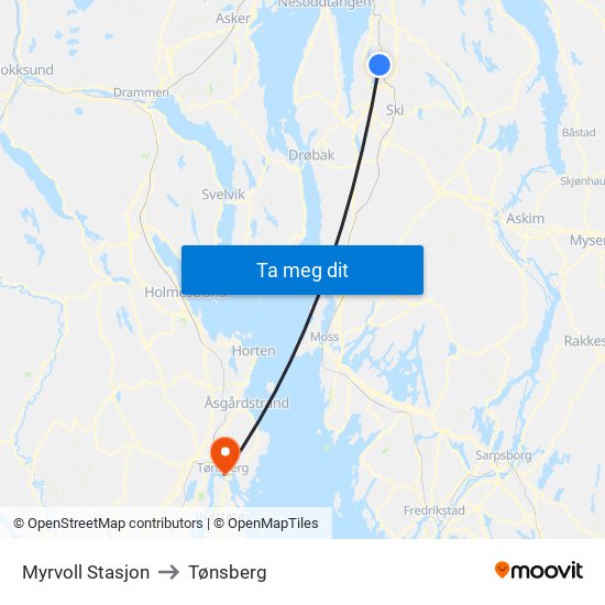 Myrvoll Stasjon to Tønsberg map