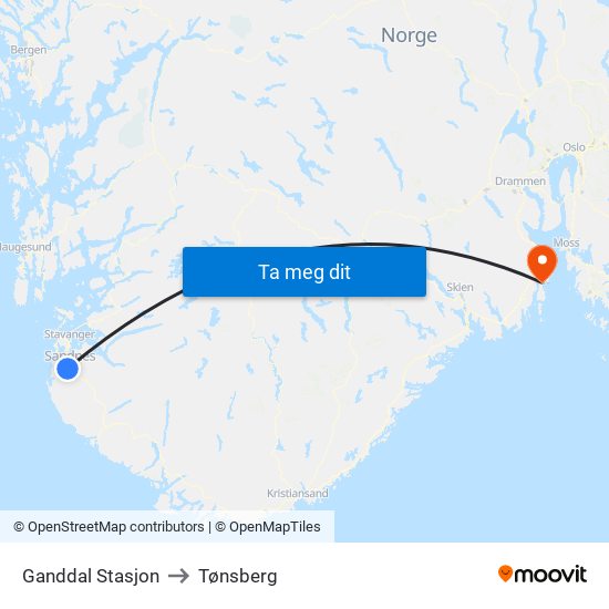 Ganddal Stasjon to Tønsberg map