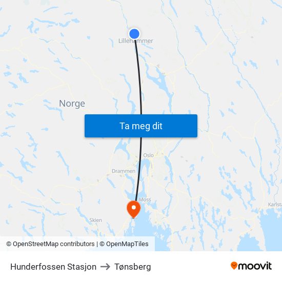 Hunderfossen Stasjon to Tønsberg map