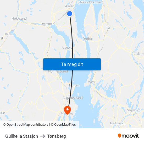 Gullhella Stasjon to Tønsberg map