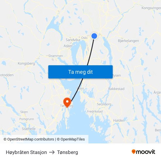 Høybråten Stasjon to Tønsberg map