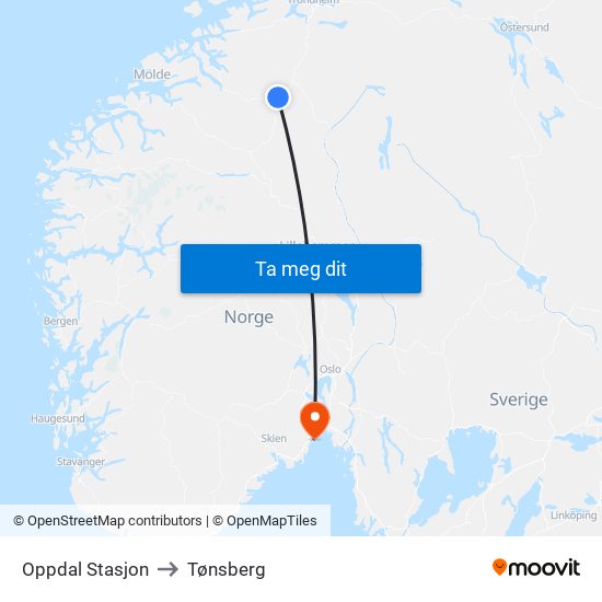Oppdal Stasjon to Tønsberg map