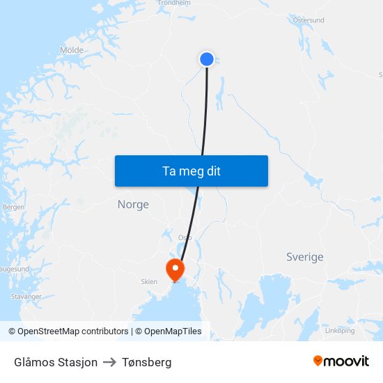 Glåmos Stasjon to Tønsberg map